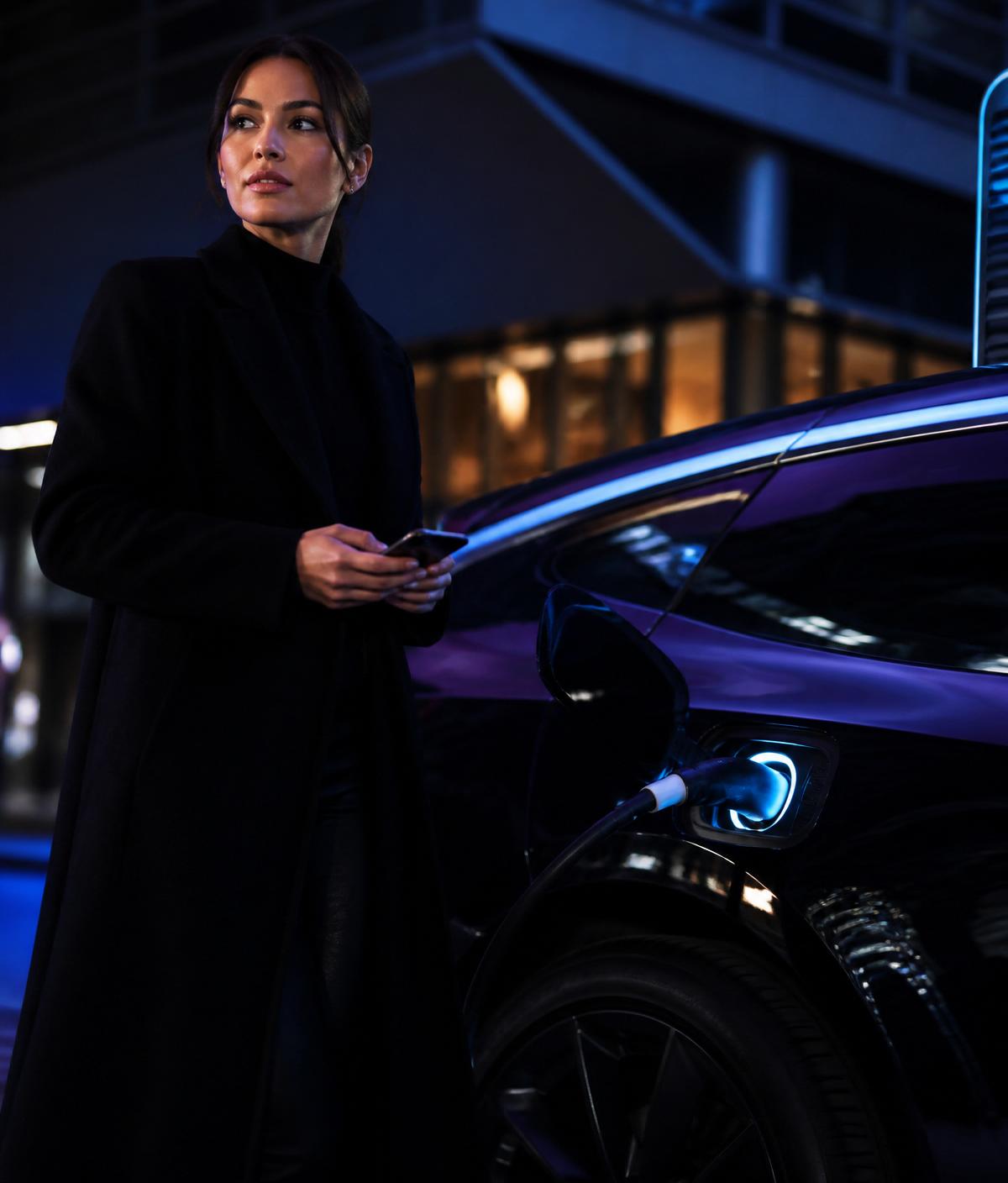 Driver using the JOLT companion app while an EV charges at dusk